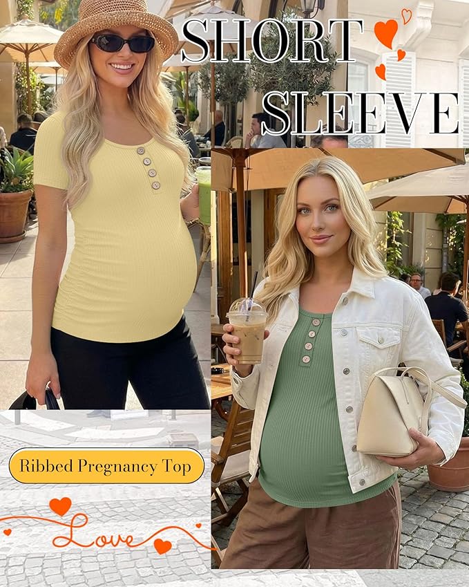 4 Pack Womens Maternity Shirts Scoop Neck Cotton Short Sleeve Ribbed Pregnancy Top Henley Side Ruched Mama Clothes