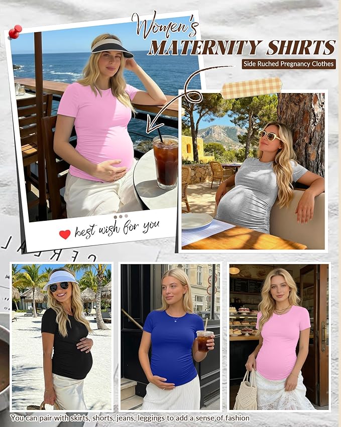 Huukeay 4 Pack Women's Maternity Shirts, Crew Neck Maternity Top Short Sleeve Casual Cotton Tee Side Ruched Pregnancy Clothes