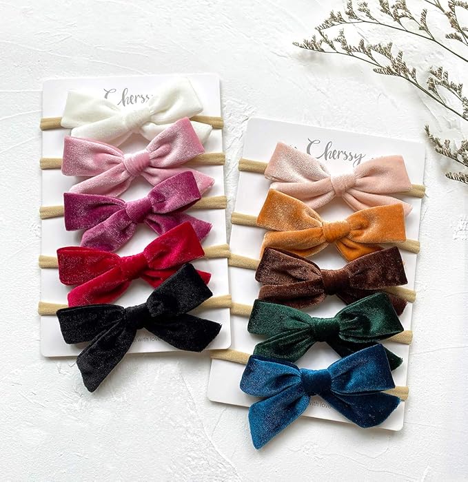Cherssy Velvet Baby Bow Headbands, 10pcs Handmade Nylon Hairbands Red Green Hair Accessories for Newborn, Infant, Toddler, Baby Girls