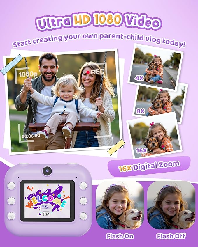 Instant Camera, Front Rear Dual Selfie Kids Camera with 1080P Videos, Holiday Birthday Gifts for Kids Age 3-12, Toddler Portable Travel Print Digital Camera Toy for 4 5 6 7 8 9 Year Boys Girls