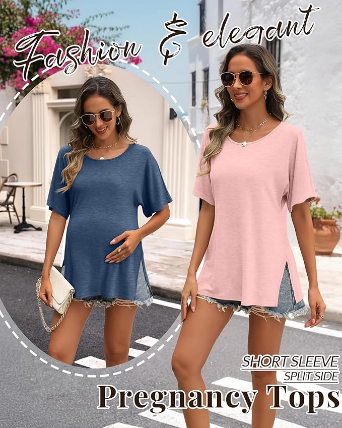 Riyiper 3 Pack Women's Maternity Tunic Shirts Cotton Summer Pregnancy Clothes Loose Oversized Split Side Blouse Tops