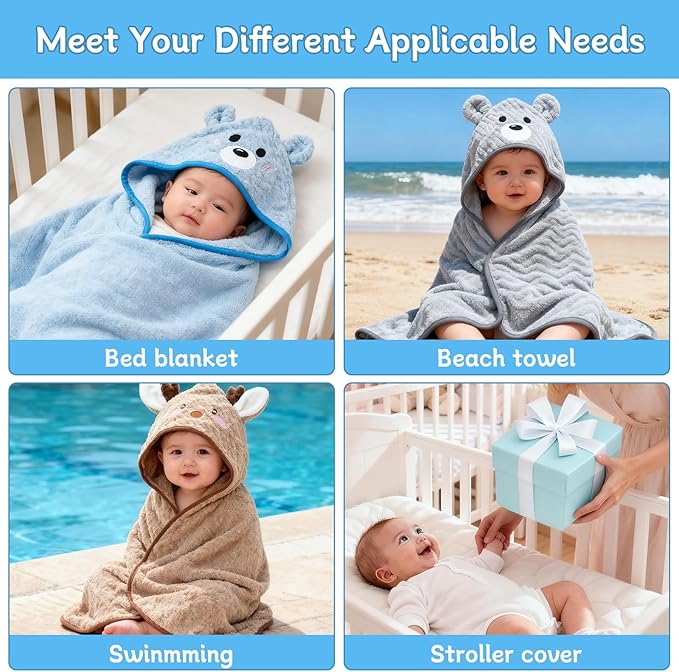 14 PCS Thicken Baby Towels Set, 3 PCS Soft Hooded Baby Towels & 11 PCS Washcloths, Baby Bath Towels for Newborns, Infants & Toddlers, Ultra Absorbent, Cute Baby Towel Gift for Boys