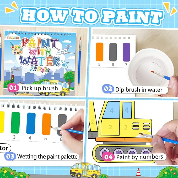 SOCOLER Paint with Water Coloring Books for Toddlers, Traffic Theme Mess Free Watercolor Painting Papers for Kids Water Color Paint Kit Art Craft Birthday Gift for Ages 1-3, 4-8