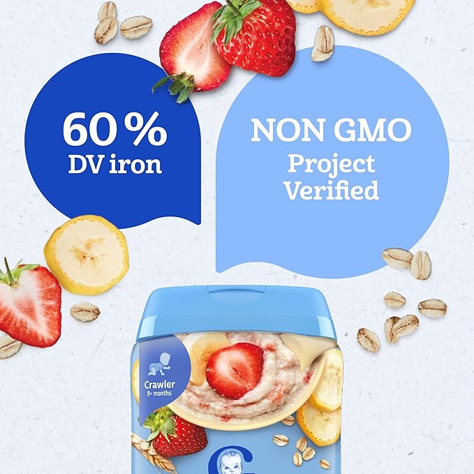Gerber Stage 3 Baby Food, Oatmeal Banana Strawberry Cereal, Whole Grains, Iron, Baby Oatmeal Cereal, 6-Pack