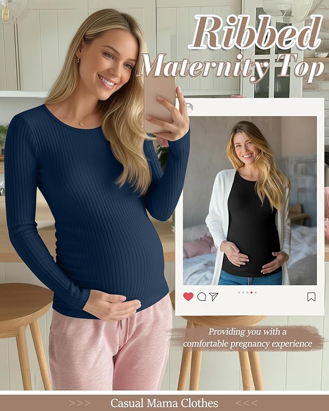 Huukeay 4 Pack Women's Maternity Shirts, Long Sleeve Cotton Ribbed Pregnancy Tops Side Ruched Crew Neck Casual Mama Clothes