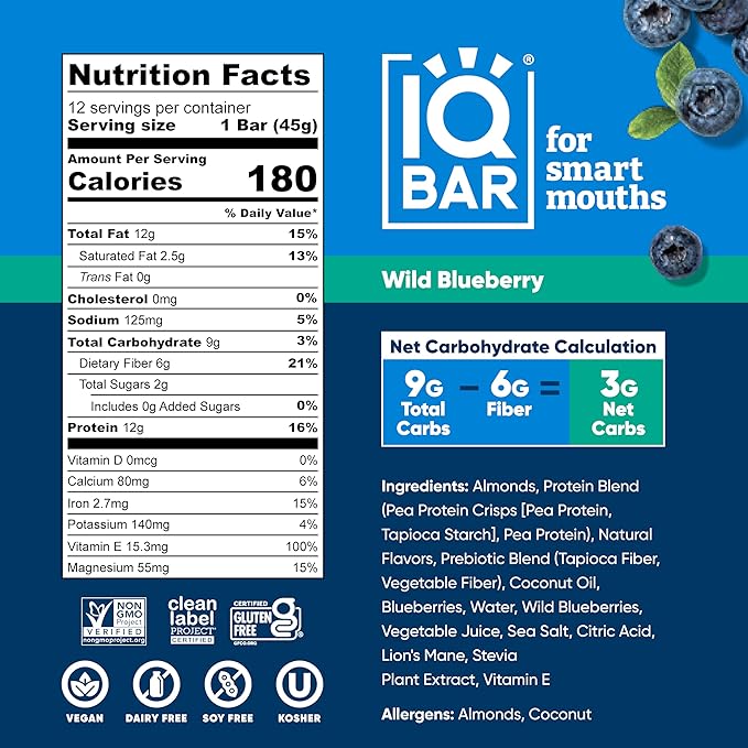 IQBAR Brain and Body Keto Protein Bars - Wild Blueberry Keto Bars - 12-Count Energy Bar Pack - Low Carb Protein Bars - High Fiber, Gluten Free and Low Sugar Meal Replacement Bars - Vegan Snacks