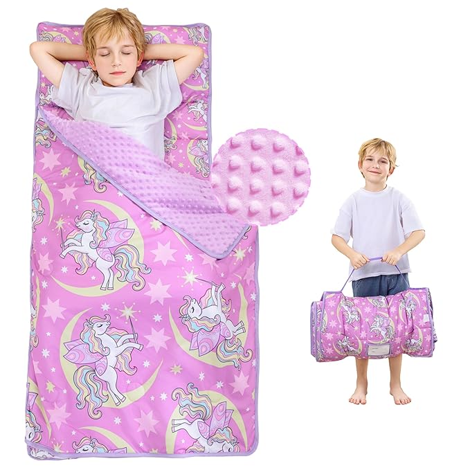 Viviland Toddler Nap Mat, Rolled Sleeping Mats with Pillow and Minky Dot Blanket for Girls, Kids Slumber Bag Nap Mat for Preschool, Daycare, Kindergarten, Travel Camping - Unicorn Magic