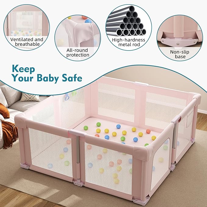 51" Foldable Baby Playpen with Mat, Playpen for Babies and Toddlers with Ocean Balls and Pull Links, Soft Breathable and Visible Mesh, Indoor and Outdoor Play Pen, Pink