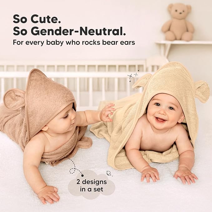 KeaBabies 2-Pack Hooded Baby Towels for Newborn - 35x35 Soft & Absorbent Viscose From Bamboo Baby Bath Towels with Hood for Infant, Toddler, Kids, Boys Girls, Newborn Bath Essentials (Almond, Regular)