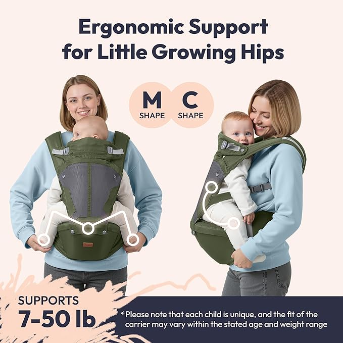 BabbleRoo Grow Carrier – Safety-Certified 6-in-1 Baby Carrier with Hip Seat, Ergonomic & Adjustable Toddler Carrier 7-50 lbs with Hip Support, Hood for Sun Protection, Newborn to Toddler,Seaweed Green