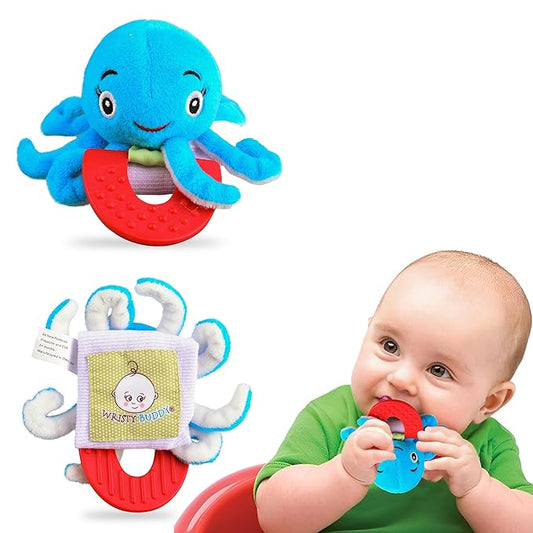 Wristy Buddy Teething Ring for Babies 0-6 8 10 12 Months | Cute Soft Octopus Teething Toys & Gloves | Baby Teething Relief Toy Pack | Infant Chew Toys for 3-6 Months, 1 2 3 Years