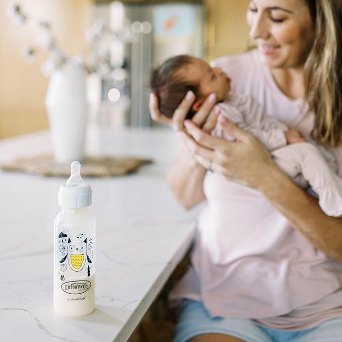 Dr. Brown's Natural Flow Anti-Colic Options+ Narrow Baby Bottle, Bear and Owl, 8 oz/250 mL, with Level 1 Slow Flow Nipple, BPA Free, 0m+, 2-Pack