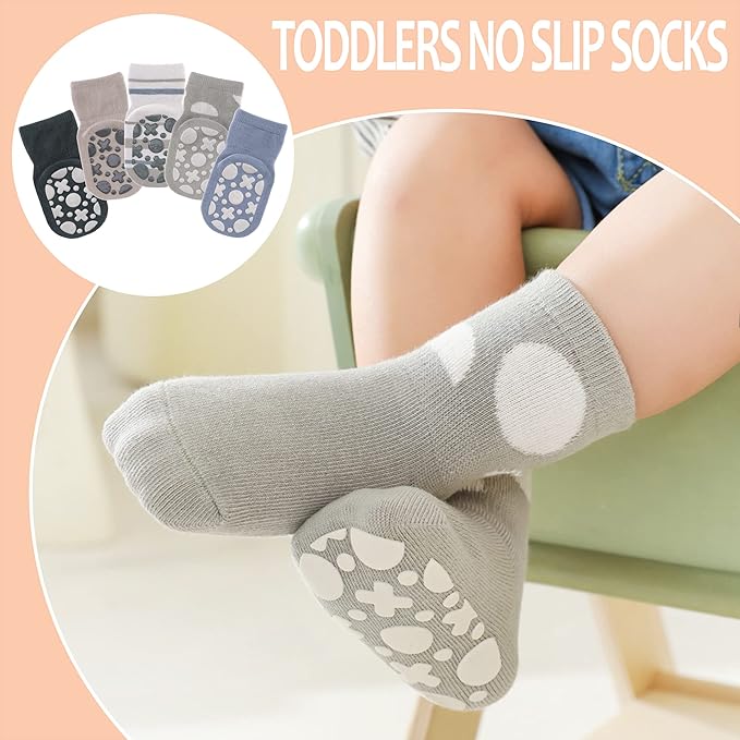 TRUEHAN 5 Pairs Toddler Non Slip Socks with Grips Baby Socks for Kids Girls Boys
