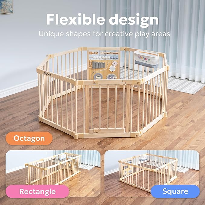 Miotetto Baby Playpen, Wooden Playpen for Babies and Toddlers, Foldable Fence with Montessori Activity Panel, Storage Basket & Gate, Portable, Easy to Assemble Baby Play Pen Natural Wood Playyard