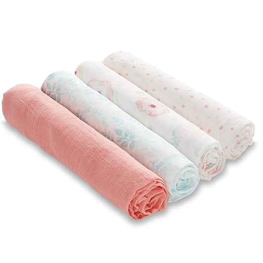 aden + anais Essentials Muslin Swaddle Blankets for Baby Girls and Boys, Newborn Receiving Blanket for Swaddling, 100% Cotton Baby Swaddle Wrap, 4 Pack, Full Bloom