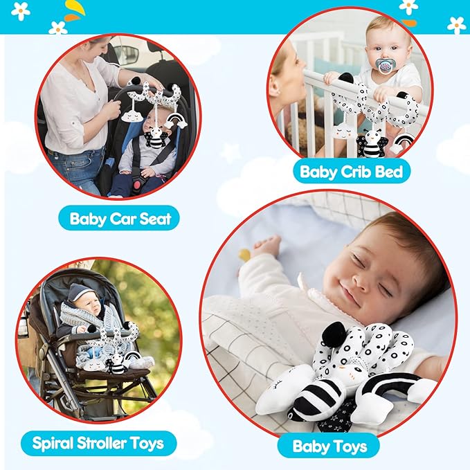 Baby Spiral Hanging Stroller and Car Seat Toys Black and White High Contrast Sensory Toy Newborn Plush Activity Toys Party Favors Quality Gifts for Baby Shower Valentine's-BEE