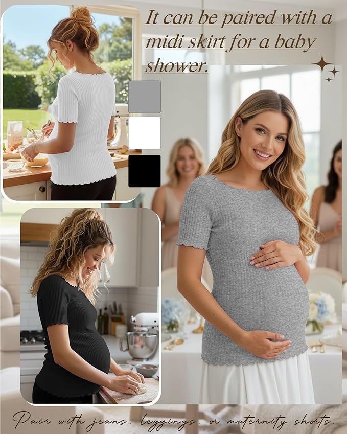 3 Pack Women's Maternity Ribbed Shirts Cotton Short Sleeve Pregnancy Tops Boat Neck Lettuce Trim Mama Clothes