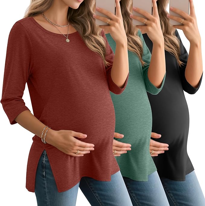 3 Pack Women's 3/4 Sleeve Maternity Shirts Elbow Length Clothes Round Neck Tunics Pregnancy Loose Side Split Tops
