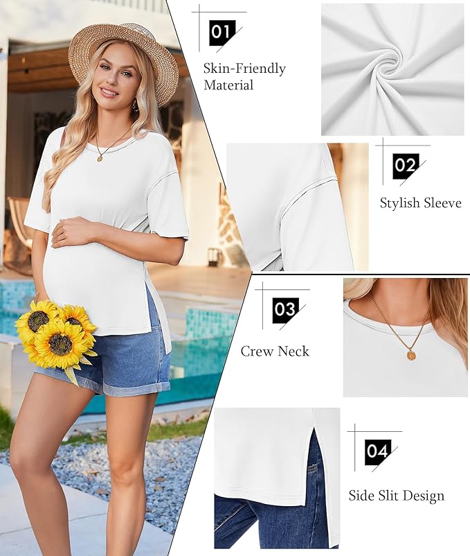 Ekouaer Maternity Shirts 3 Packs Short Sleeve Womens Oversized Pregnancy Tops Split Side Postpartum Blouse Clothes S-XXL