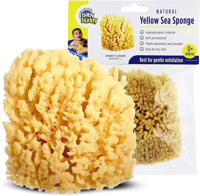 Baby Buddy Baby Bath 4in Yellow Sea Sponge, Absorbent Natural Sea Sponge, Soft on Tender Skin, Biodegradable, Hypoallergenic, Bath Accessories for Bathing, 1 Pack