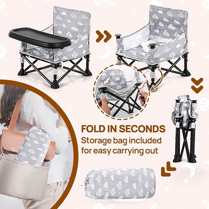 Toddler Booster Seat for Kitchen Chair & Travel - Portable Foldable with Removable Tray, Baby Camping Chair 6-36 Months Indoor Outdoor (White Cloud Design)
