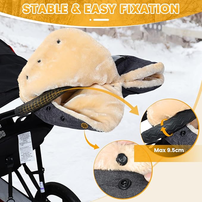 Orzbow Faux Sheepskin Stroller Gloves with Phone Pockets, Winter Extra Thick Mittens for Baby Stroller, Cozy & Warm, Anti-freeze Hand Muff Easily Attaches to Stroller for Parents Caregivers, Dark Gray