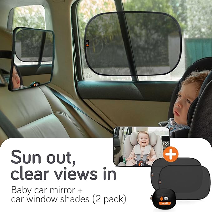 Baby Uma Car Window Shades + Baby Car Mirror - UPF 50+ Window Shade 2 Pack PLUS 1 Shatterproof, XL View Mirror for Baby, Easy On 'n Off, Newborn Essentials