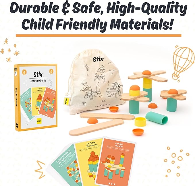 Stix 60pcs - Wooden Blocks for Kids Ages 2-12 Building Blocks for Toddlers Durable Stacking Blocks for Creativity Skill Building and Open-Ended Play