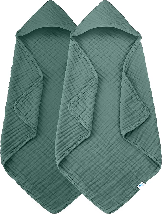 SWEET DOLPHIN Muslin Hooded Baby Bath Towels - 2 Pack 100% Cotton Towel for Babies, Infants, Toddlers - 32x32Inch - Highly Absorbent and Newborn Essential, Deep Emerald