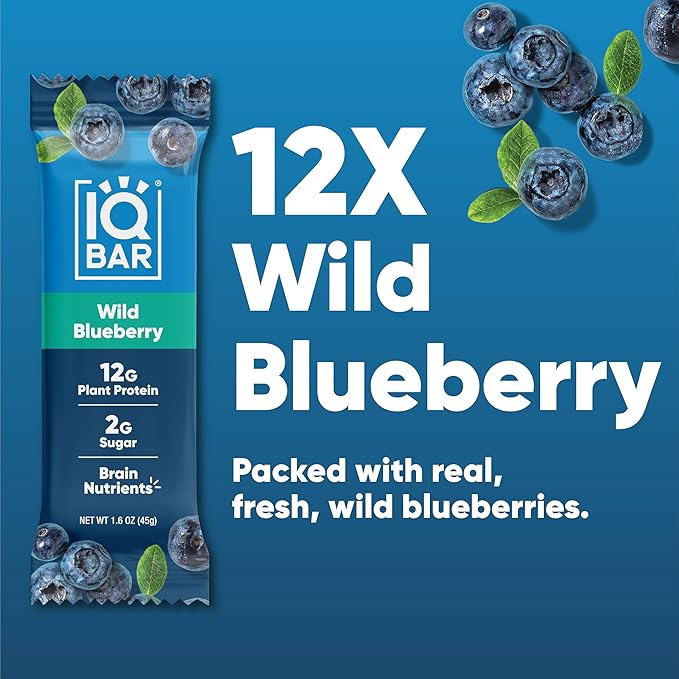 IQBAR Brain and Body Keto Protein Bars - Wild Blueberry Keto Bars - 12-Count Energy Bar Pack - Low Carb Protein Bars - High Fiber, Gluten Free and Low Sugar Meal Replacement Bars - Vegan Snacks