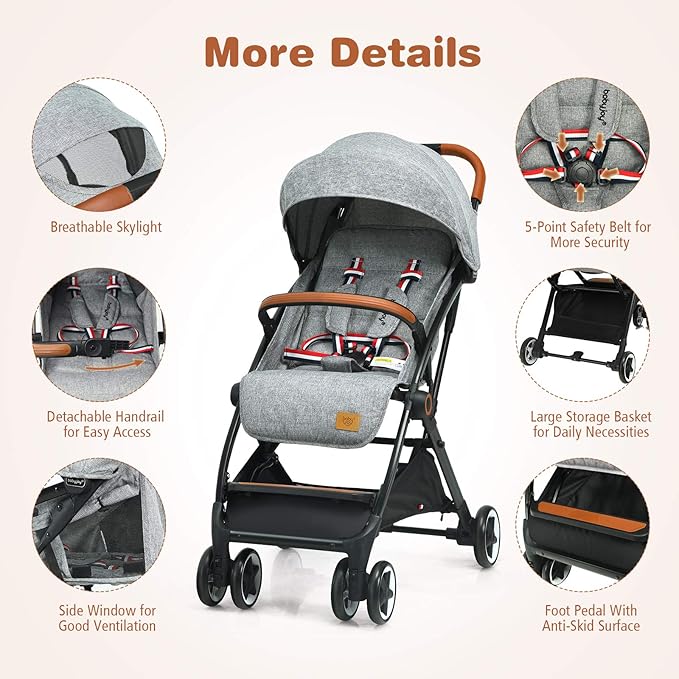 BABY JOY Lightweight Baby Stroller, Compact Toddler Travel Stroller for Airplane with 5-Point Harness, Adjustable Backrest/Footrest/Canopy, Storage Basket, Easy One-Hand Fold, Gray