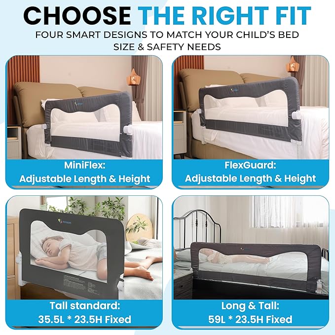 TotCraft MiniFlex Adjustable Length & Height Bed Rail for Toddlers – Fits Twin, Full & Queen Beds – 35.5″ or 47″ Two Fixed Lengths – 14 Height Levels – ASTM Certified Toddler Bed Rails for Kids (Grey)