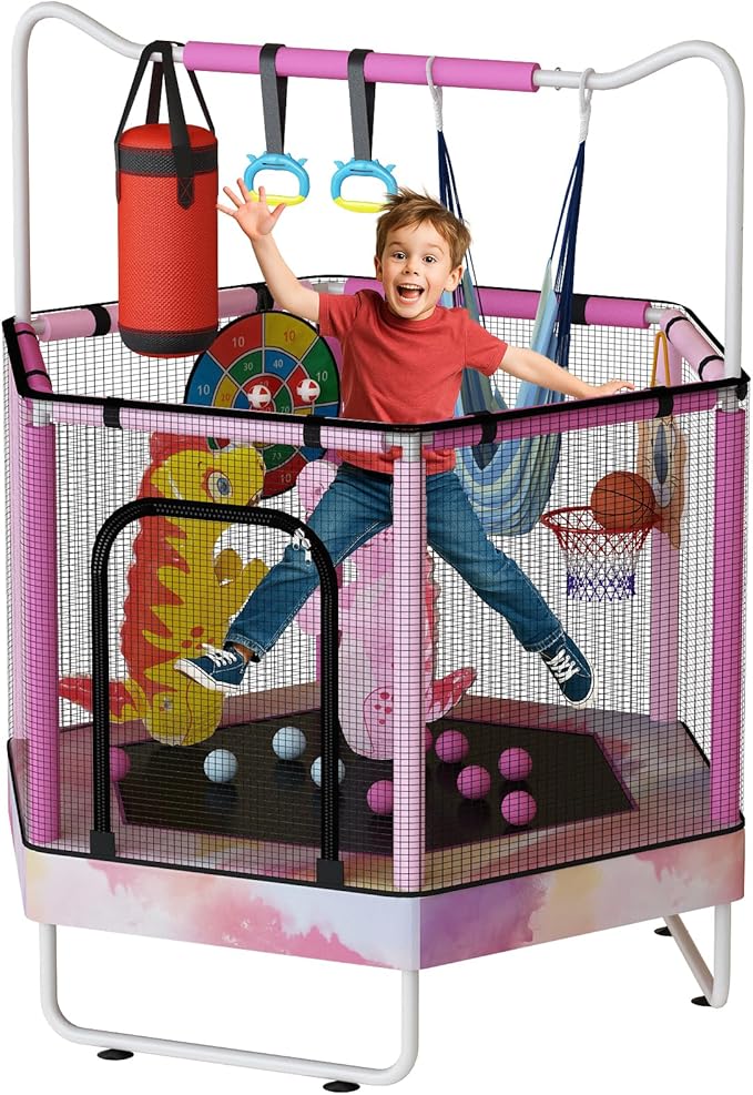 LAMERGE 55" 7-in-1 Round Trampoline for Kids Boys & Girls Ages 1-8, Indoor & Outdoor Trampoline for Fun, Adjustable Height Handrail ＆ Enclosed Safety Net ＆ Durable Designs for Toddlers Children