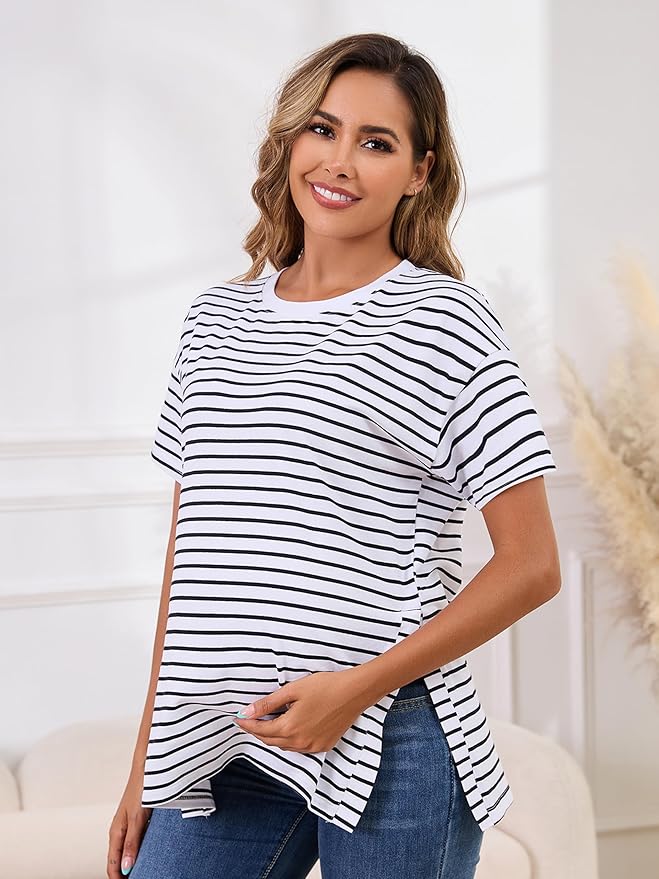 Ecavus Women's Casual Maternity Shirts Split Side Pregnancy Tops Blouses Short Sleeve Loose Fit Maternity Clothes