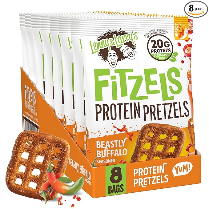 Lenny & Larry's FITZELS Protein Pretzels [Beastly Buffalo] – 8 x 3oz Bags of High Protein Snacks with 20g Plant Based Protein – Vegan Snack – Incredibly Tasty with Salty Crunch