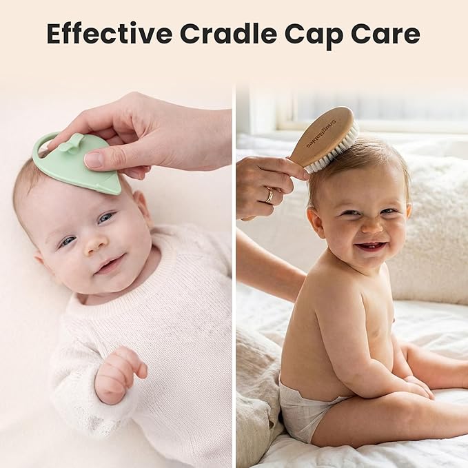 Baby Hair Brush & Comb Set for Newborns - Gentle Goat-Hair & Bamboo Bristle Hairbrushes with Easy Grip Wooden Handles - 5-Pack Baby Brush Set with a Cotton Travel Pouch - Gifts for Boys & Girls