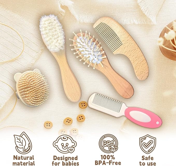5PCS Baby Brush and Comb Set, Baby Hair Brush with Soft Goat Bristles, Cradle Cap Brush for Cradle Cap Care, Baby Care Essentials for Newborns, Toddlers, Girls and Boys