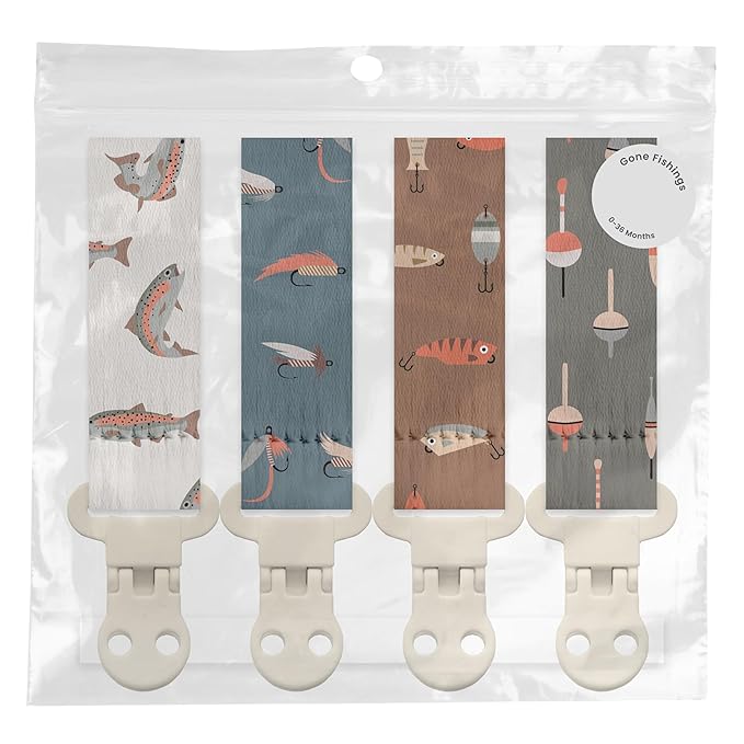 Stadela Baby Pacifier Clip Holder - Girl or Boy Unisex 4 Pack Gift Set – Fishing Theme (Gone Fishing)