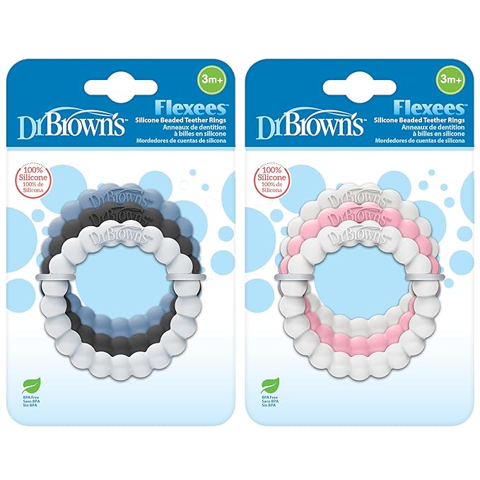 Dr. Brown's Flexees Beaded Baby Teether Rings,Soft 100% Silicone, 6 Pack, Blue & Pink Variety, BPA Free, 3m+