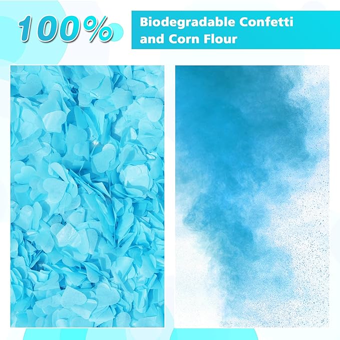 Gender Reveal Confetti Cannon, 4 Pack Biodegradable Blue Confetti Paper with Cornstarch Powder, Confetti Blaster for Boy Gender Reveal, Party Poppers, Blue