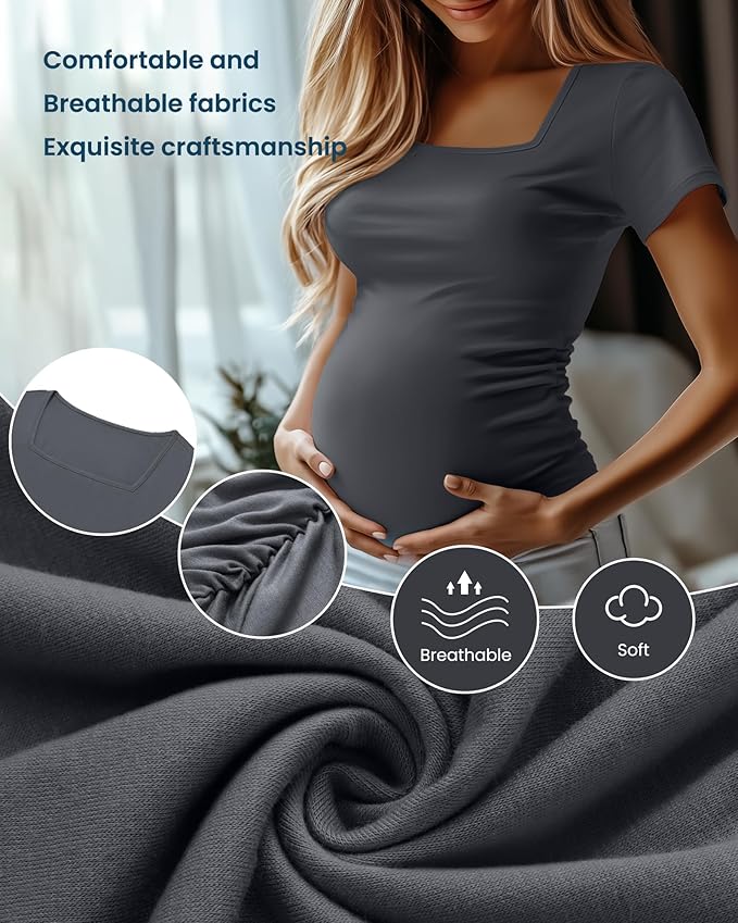 4 Pack Women's Maternity Shirts Cotton Square Neck Pregnancy Tops Side Ruched Summer Short Sleeve Tees Multipack