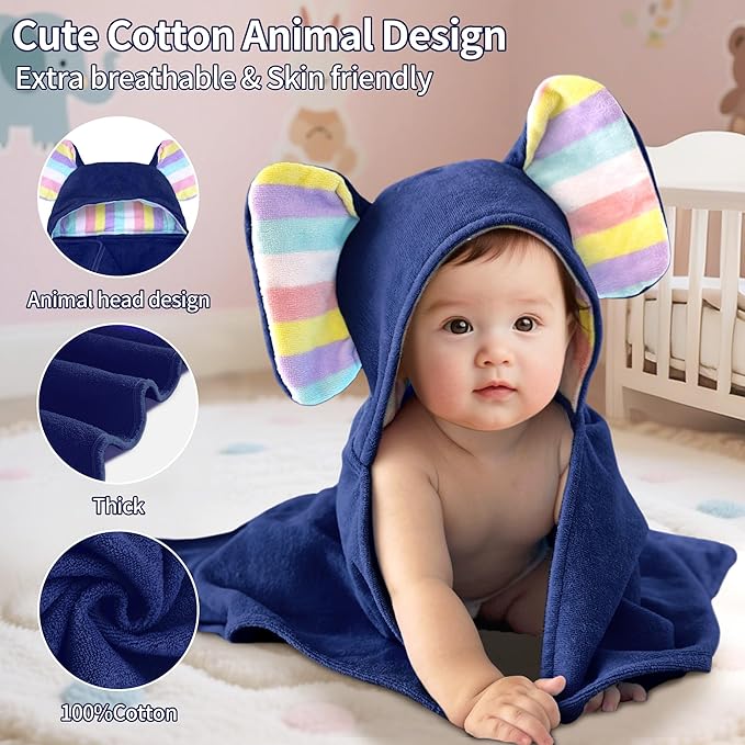 VOOVA & MOVAS Premium Navy Baby Hooded Bath Towel - 100% Cotton,500GSM, 33x31.5 Inches,0-2Years, Super Absorbent Large Towel with Cute Elephant Ears Hood for Newborn,Infant, Baby Essentials,Navy