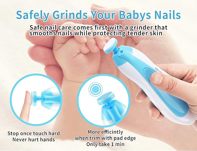 Electric Baby Nail Trimmer, Safe Gentle Nail File Grinder Kit with LED Light, Whisper Quiet, 6-in-1 Nail Care Set for Newborns Toddlers Kids & Adults, Adjustable Speed & Rotation, Portable Trave, Blue