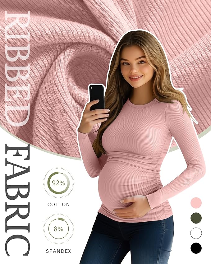 Ficerd 4 Pack Women's Maternity Shirts Cotton Long Sleeve Ribbed Crew Neck Pregnancy Tops Side Ruched Casual Mama Clothes
