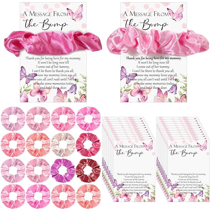 Yinkin 30 Sets Butterfly Baby Shower Favors for Girl, Include Pink Hair Ties Pink Scrunchies Butterfly Thank You Cards a Message from the Bump Baby Shower Sign Souvenirs for Guests