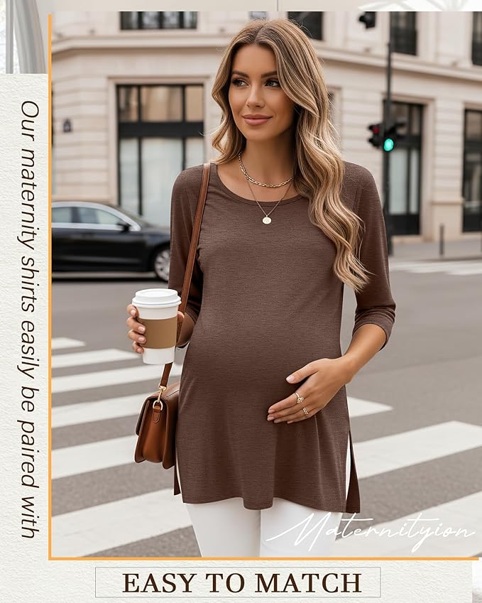 3 Pack Women's 3/4 Sleeve Maternity Shirts Elbow Length Clothes Round Neck Tunics Pregnancy Loose Side Split Tops