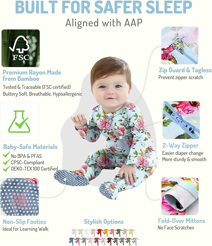 HAPIU Rayon from Bamboo Baby Footed Pajamas, 2 Way Premium Zipper, Footie for Baby Boy Girls, Newborn-24 Months