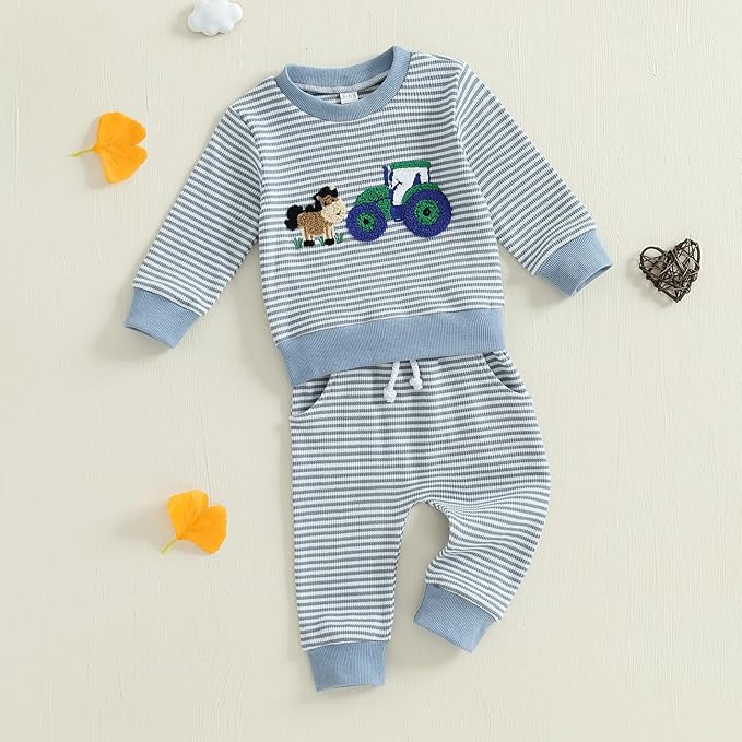 Toddler Baby Boy Fall Winter Outfits Tractor Print Long Sleeve Sweatshirt Pants Set Kids Sweatsuit Clothes
