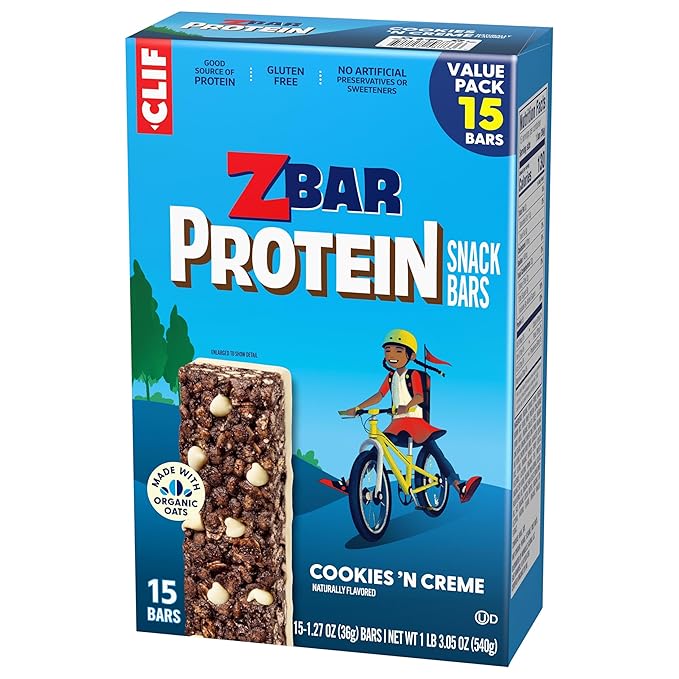 CLIF Kid Zbar Protein - Cookies 'N Creme - Crispy Snack Bars - Made with Organic Oats - Non-GMO - 5g Protein - Gluten Free Protein Bars (15 Pack)
