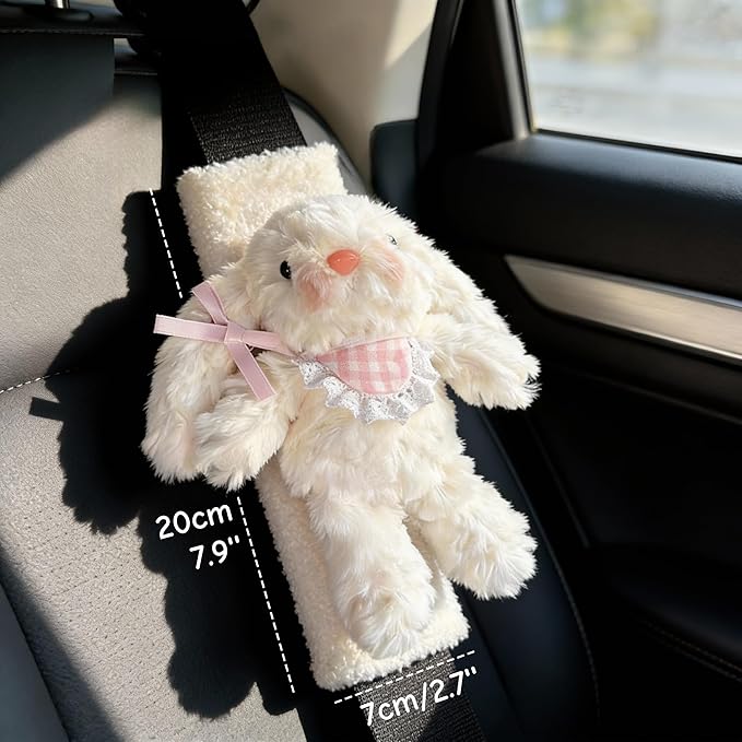 2 PCS Seat Belt Cover Pad, Cute Kawaii Animal Bunny Seatbelt Covers for Kids and Adults, Winter Plush Fluffy Soft Seat Belt Cover, Cartoon Seatbelt Cushion,Car Seat Strap Pads (A-Bunny(Pink))